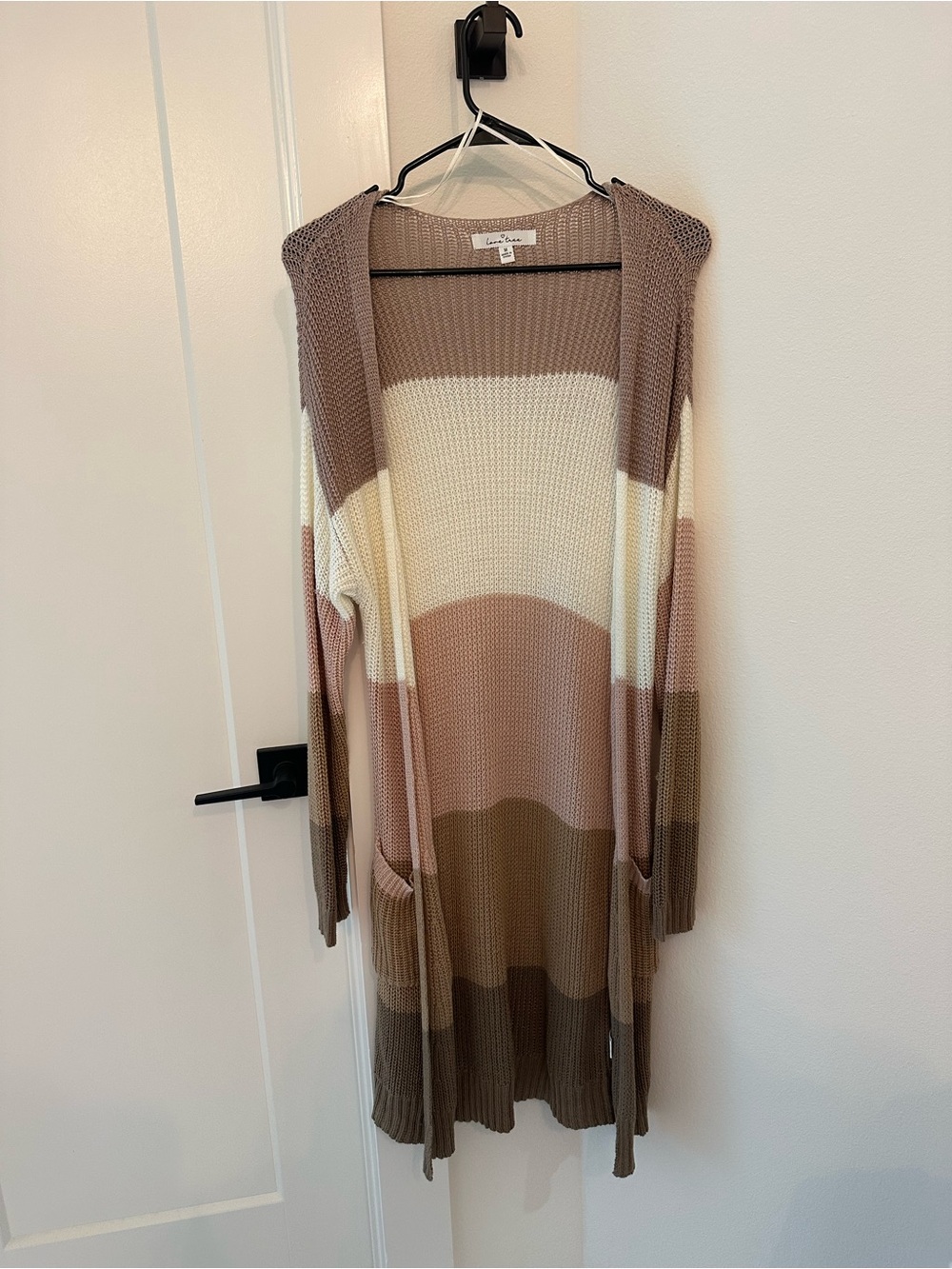 Love Tree Taupe Cream Brown Striped Open-Front Cardigan